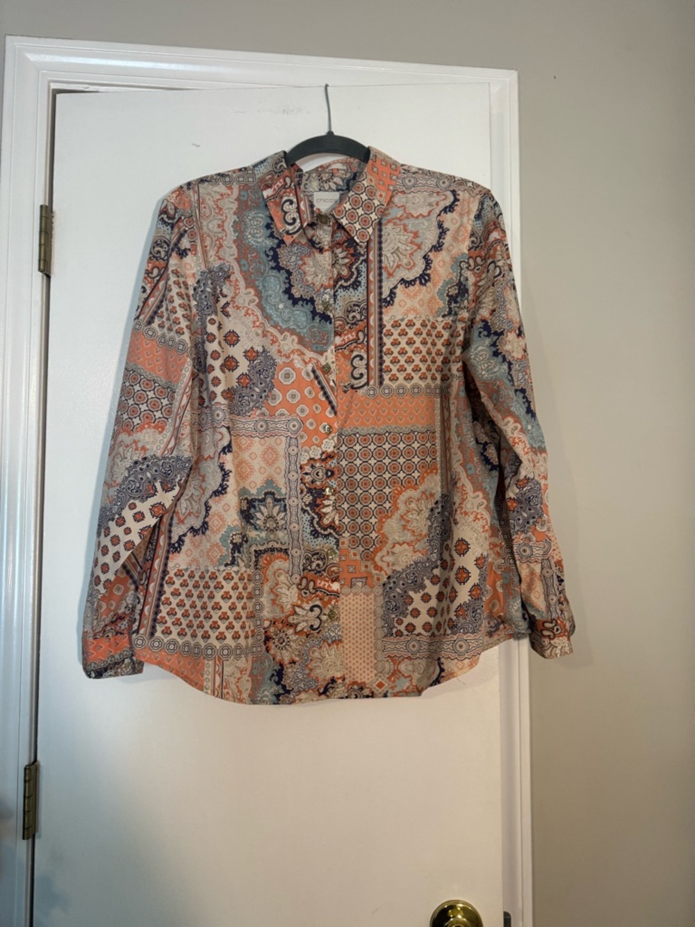Chico's Women Long-Sleeve Patchwork Print Shirt - Coral, Blue, Cream 100% cotton